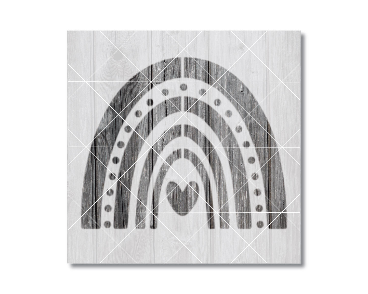 The image is a black and white graphic design featuring a stylized rainbow with a heart shape in the center.