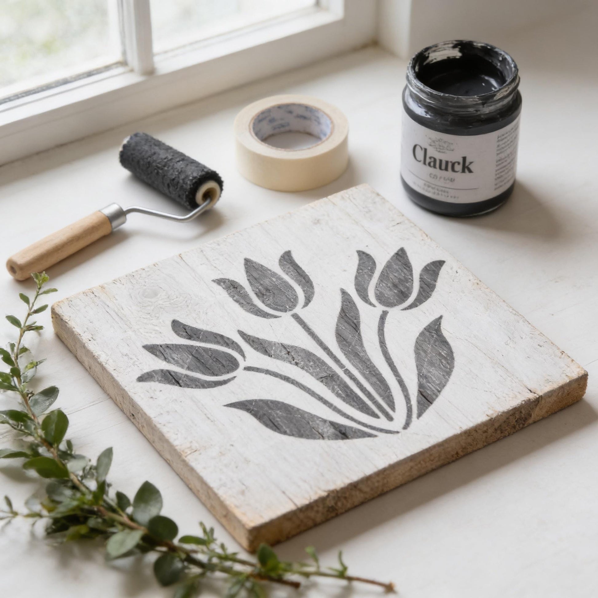 a wooden board with a stencil of flowers, a roller brush, a roll of tape, and a jar of black paint on a white surface.