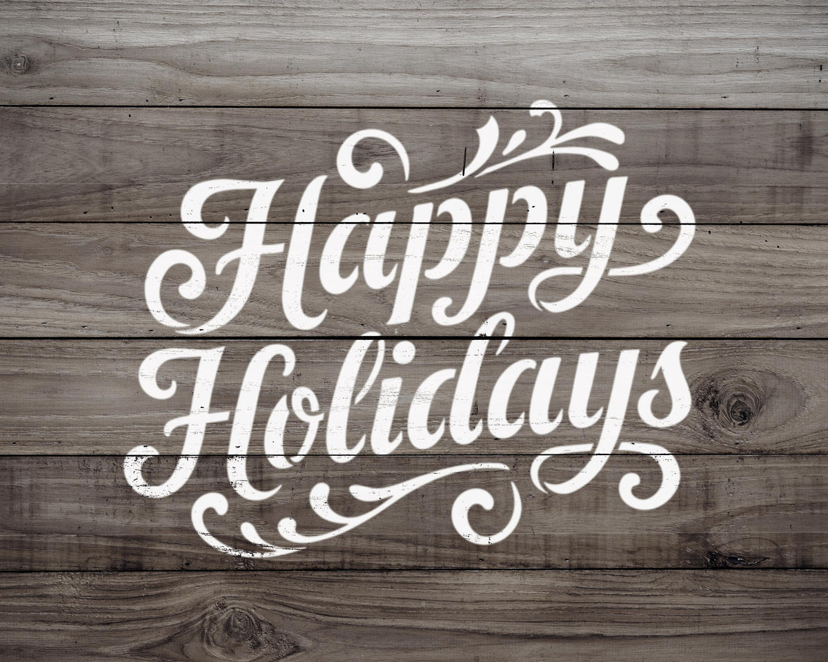 a wooden background with the text "Happy Holidays" written in a decorative, cursive font.