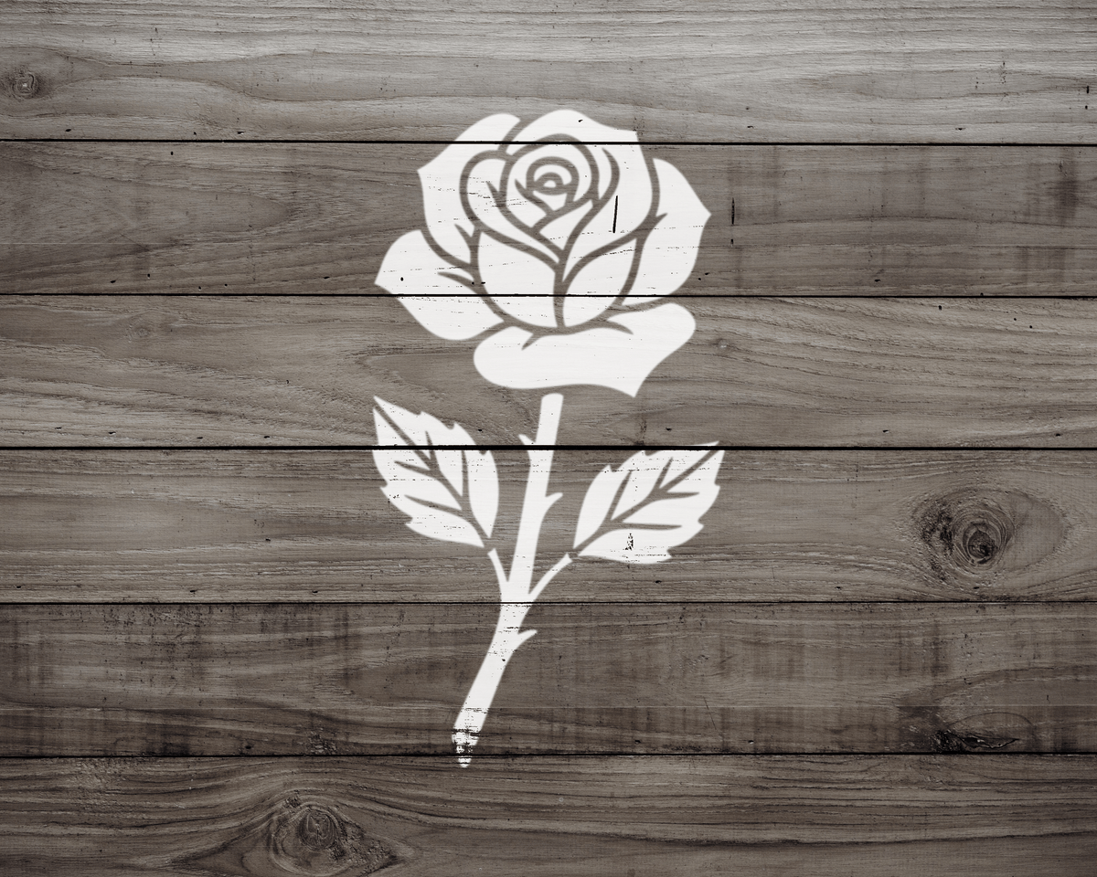 A white rose graphic is displayed on a wooden background.