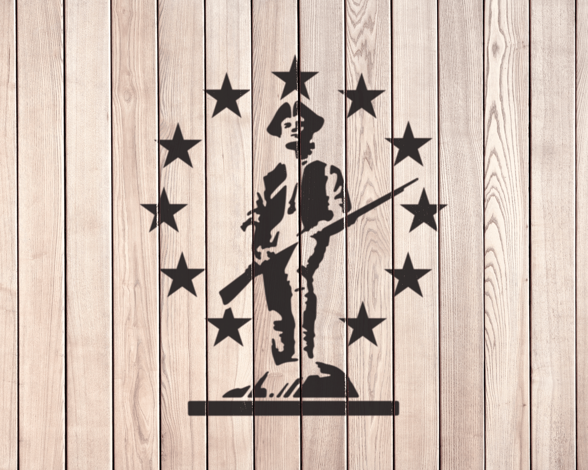 a wooden background with a silhouette of a person holding a rifle, surrounded by a circular arrangement of stars.