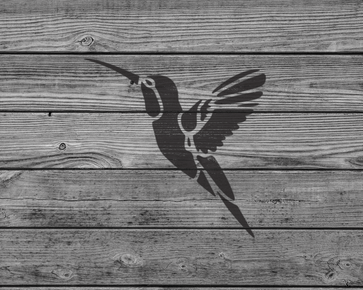 A silhouette of a hummingbird is depicted on a wooden surface.