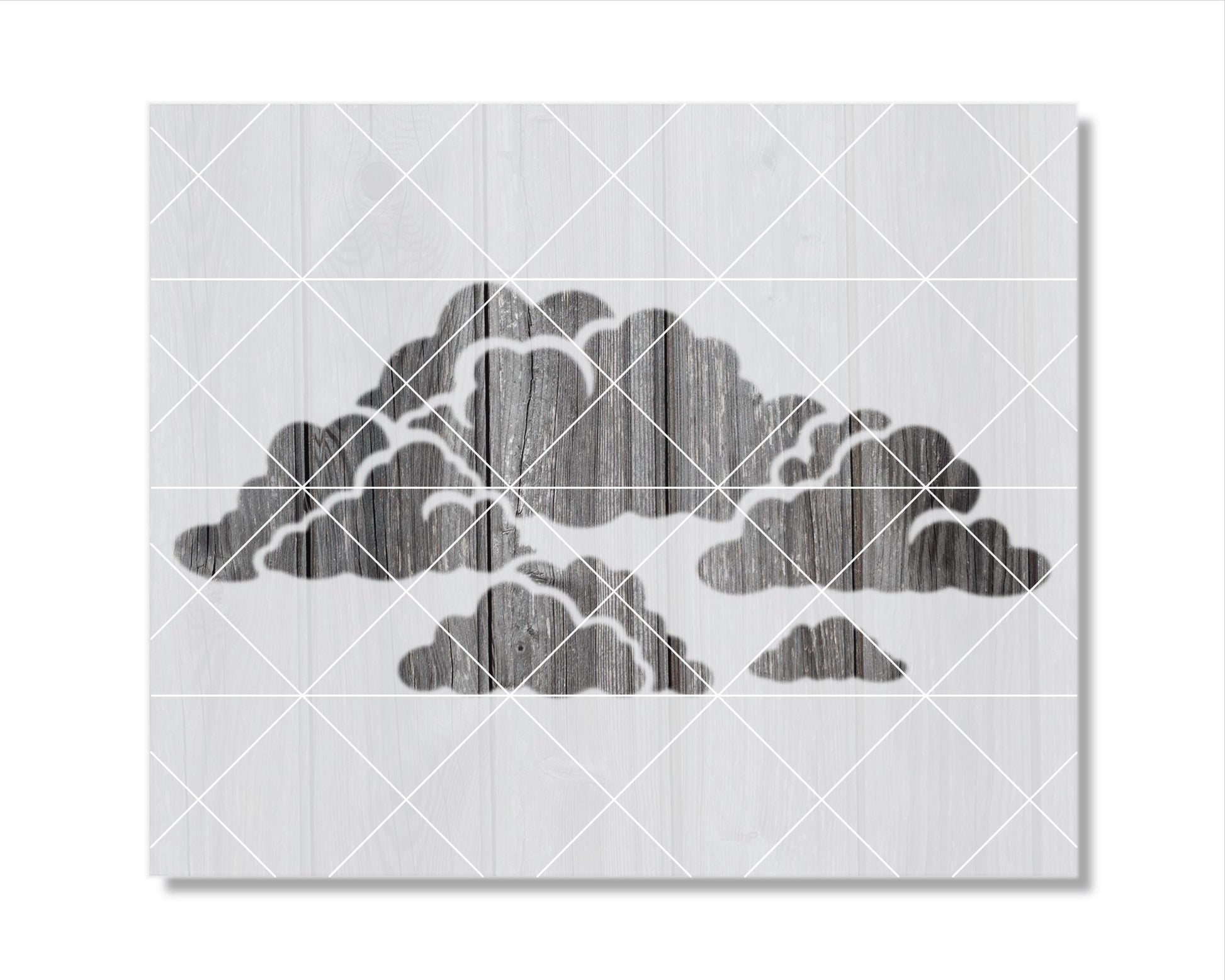The image is a black and white graphic art piece featuring a stylized depiction of clouds or mountains.