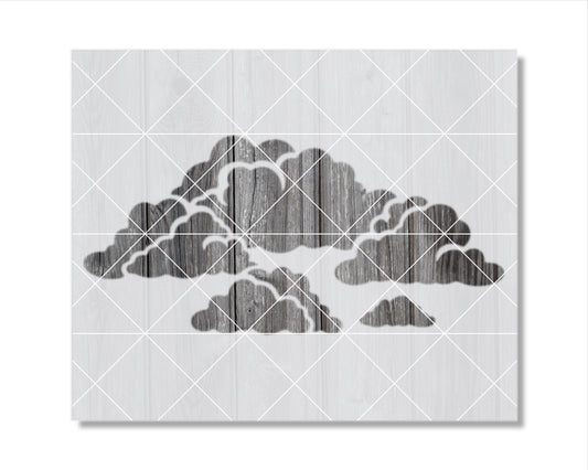 The image is a black and white graphic art piece featuring a stylized depiction of clouds or mountains.