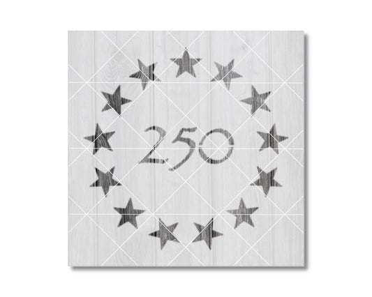 a square with a central design of stars and the number "250" in the center.
