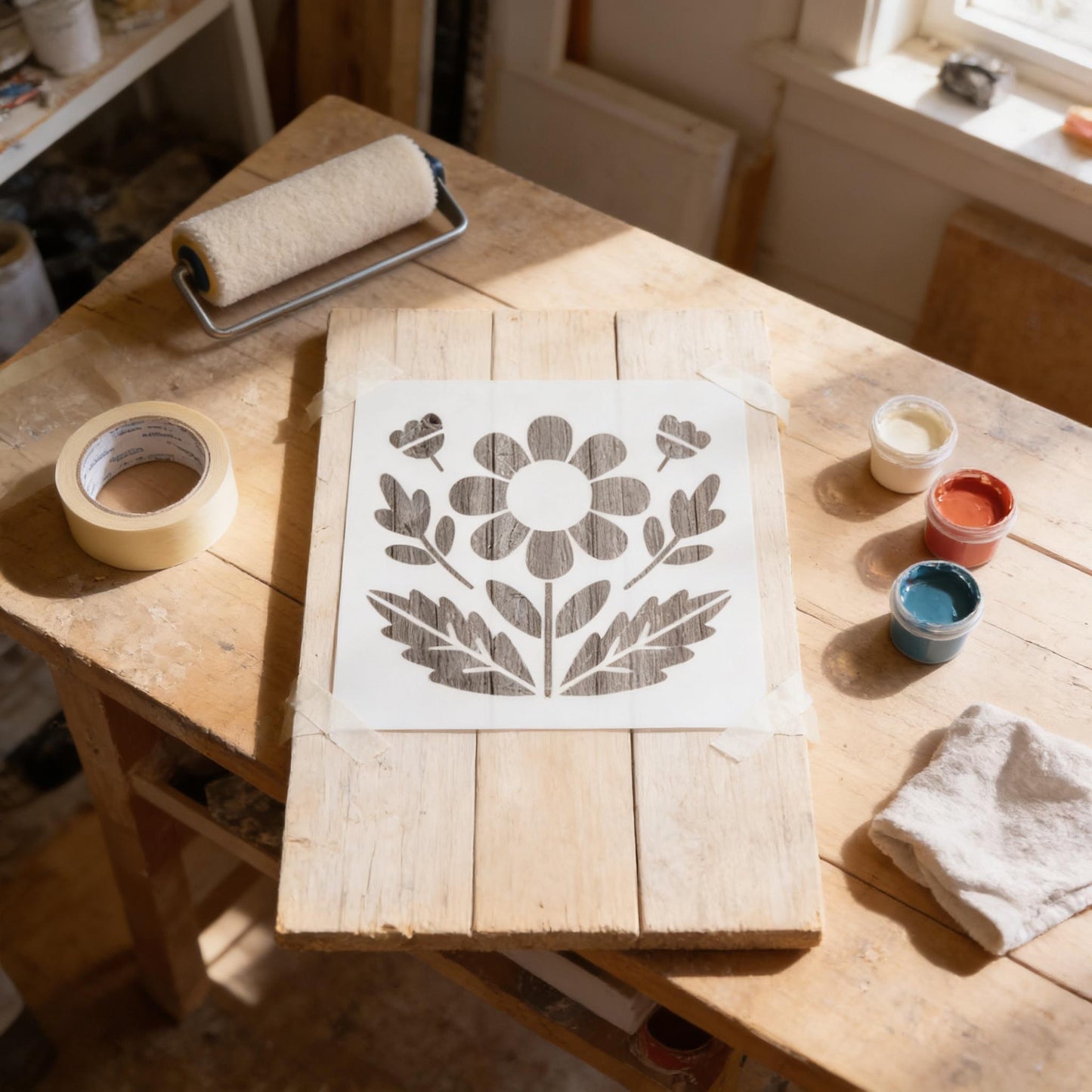 a wooden table with various art supplies and materials, including a stencil, paint, and tape, suggesting an art project in progress.