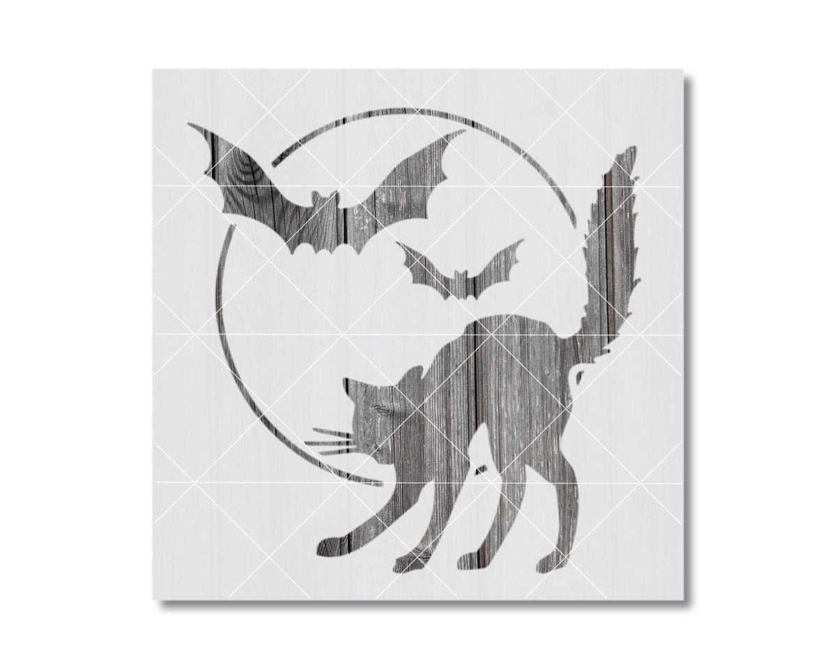 A silhouette of a cat and a bat against a circular background.