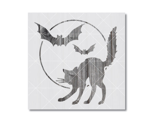 A silhouette of a cat and a bat against a circular background.