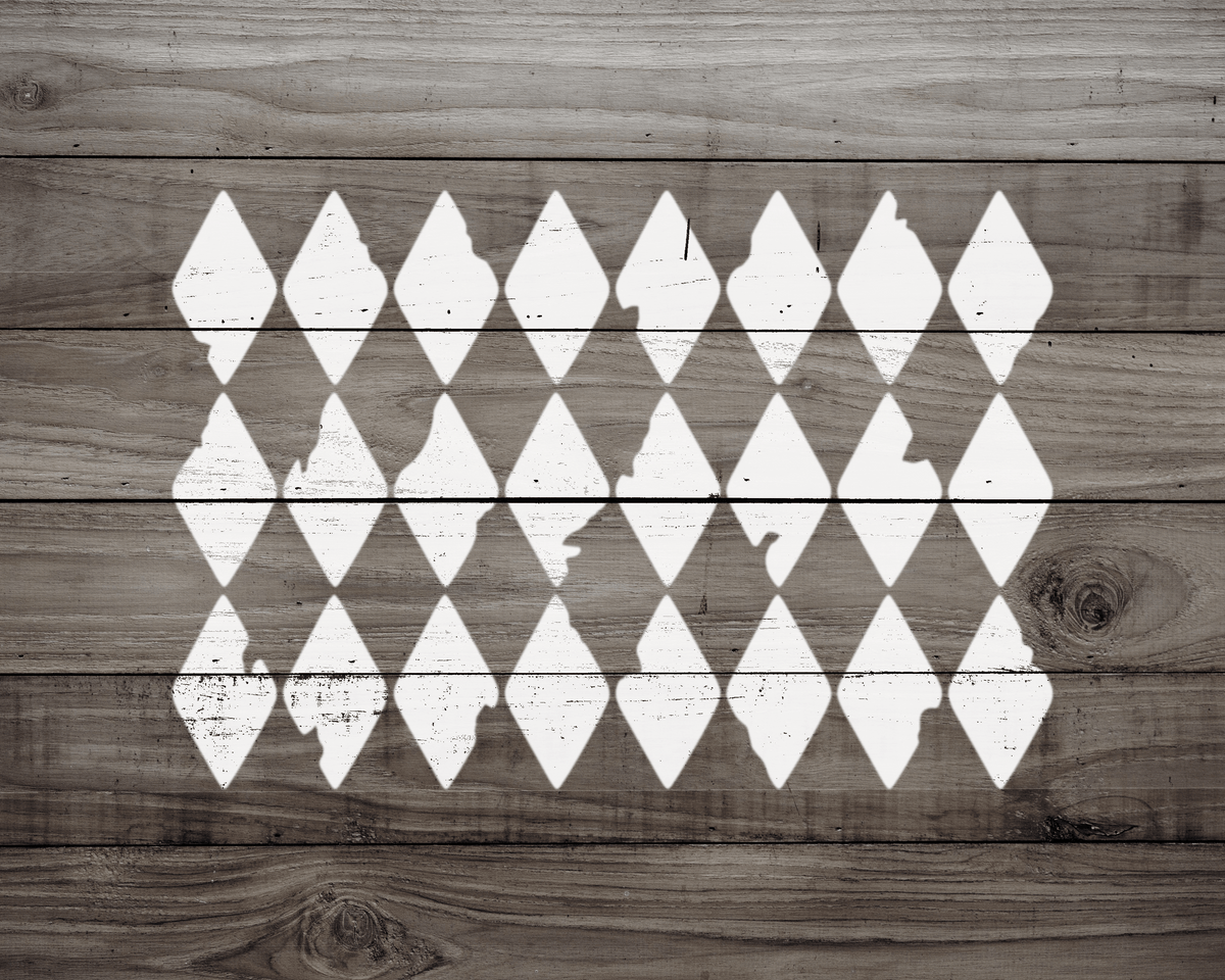 a wooden surface with a repeating pattern of white diamond shapes, creating a visually striking and geometric design.
