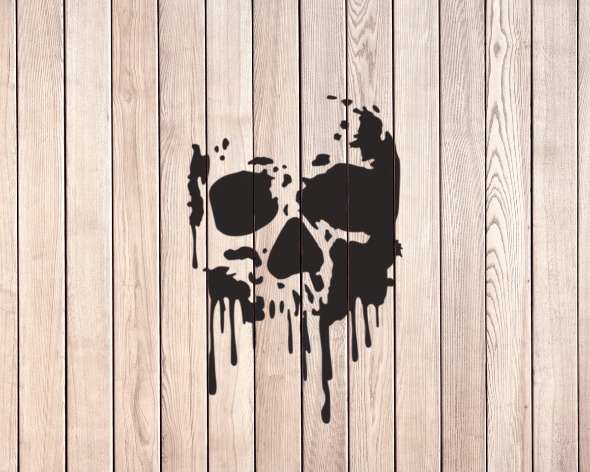 a wooden wall with a black skull-like symbol painted on it, with dripping paint or ink.