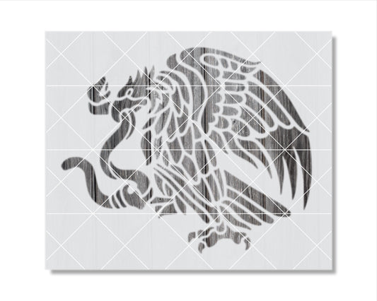 a stylized bird-like creature with intricate patterns and designs.