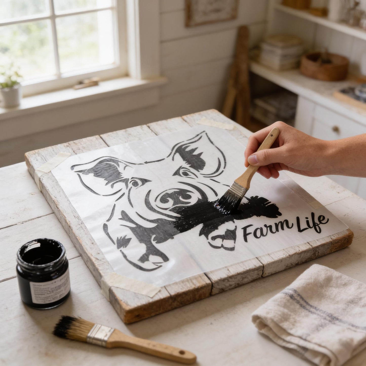 A person is painting a wooden board with a black and white illustration of a pig, using a brush to apply paint. The board is placed on a table, and there is a jar of paint and a towel nearby.
