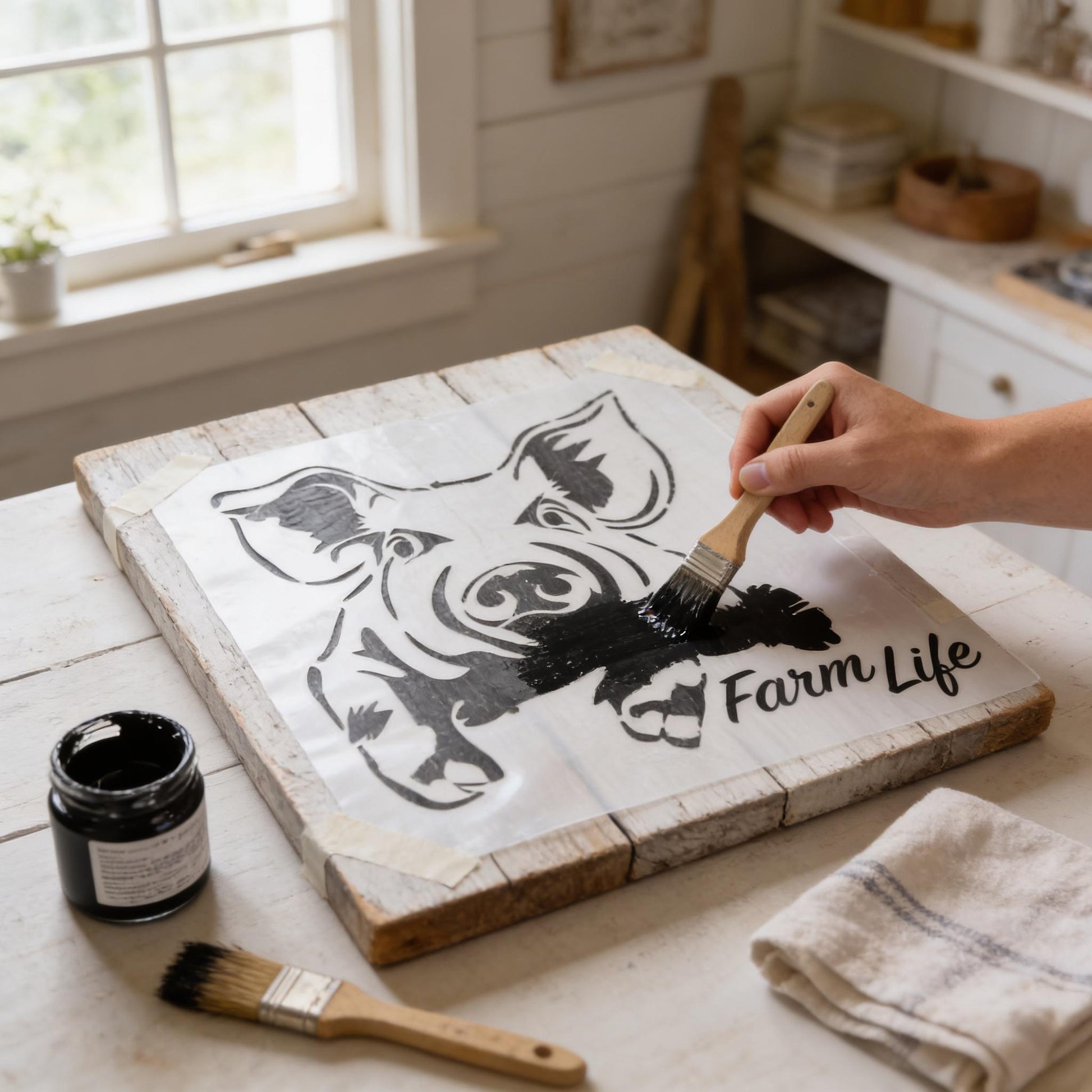 A person is painting a wooden board with a black and white illustration of a pig, using a brush to apply paint. The board is placed on a table, and there is a jar of paint and a towel nearby.
