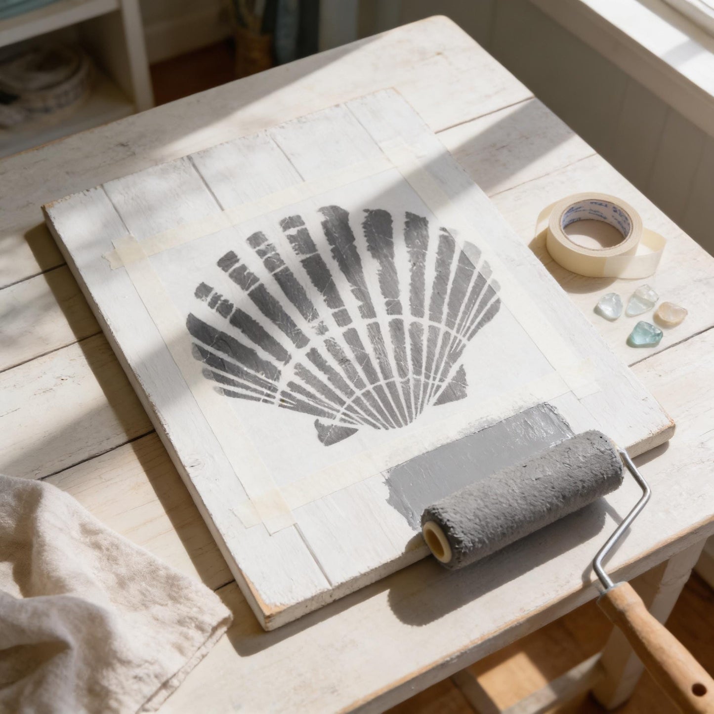 a wooden board with a black and white shell stencil on it, along with a paint roller and some tape on a wooden table.