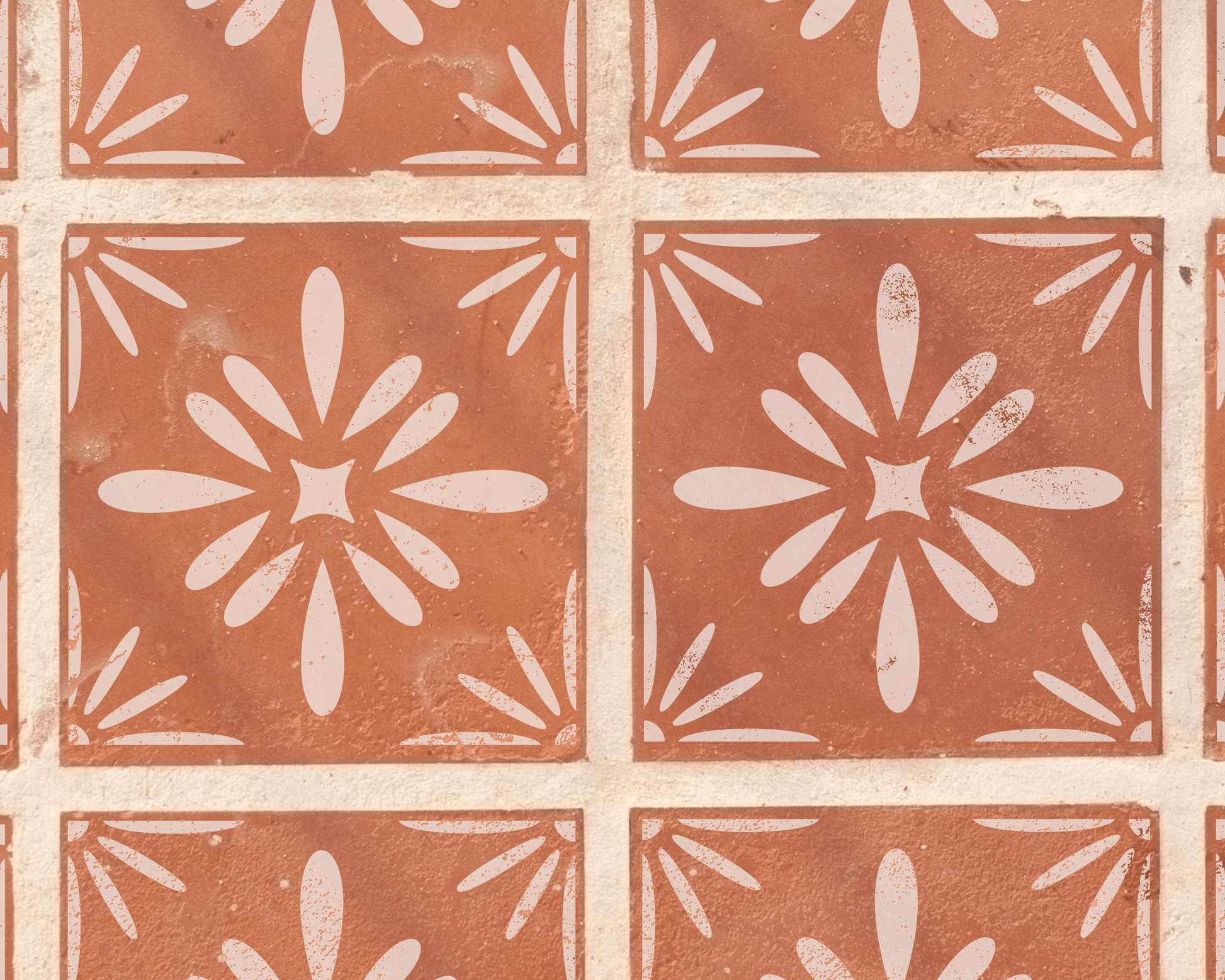 a pattern of red and white tiles arranged in a grid-like design, featuring a central flower-like motif.