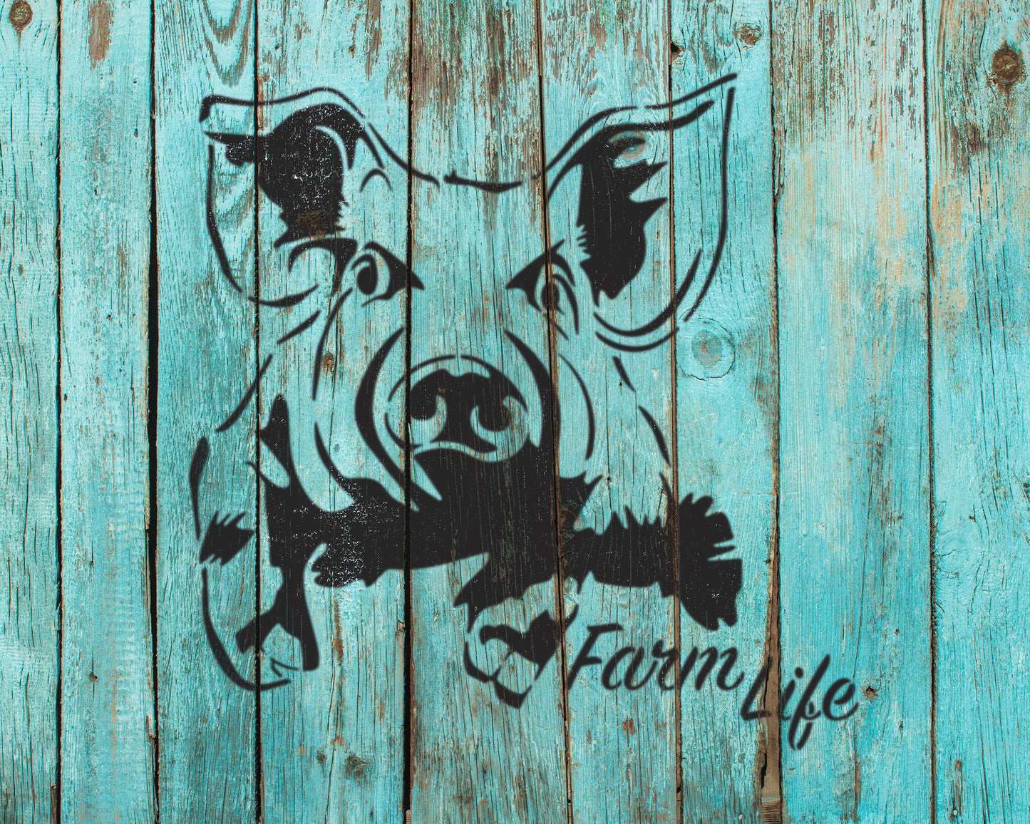a black silhouette of a pig's head against a blue wooden background, with the text "Farm Life" written below it.