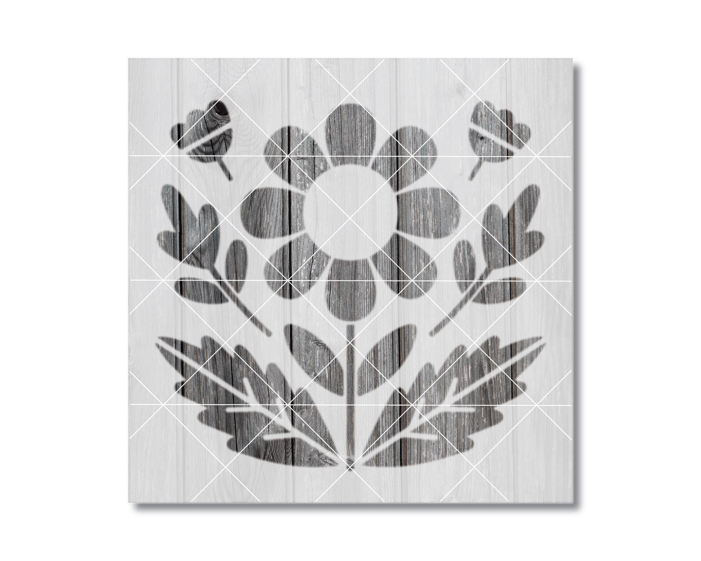 The image is a black and white graphic design featuring a stylized flower and leaves.