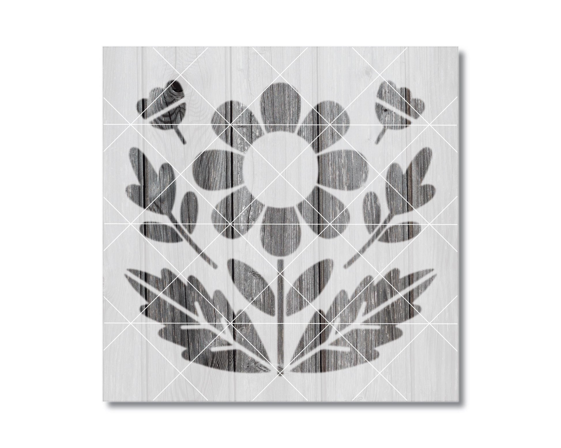 The image is a black and white graphic design featuring a stylized flower and leaves.