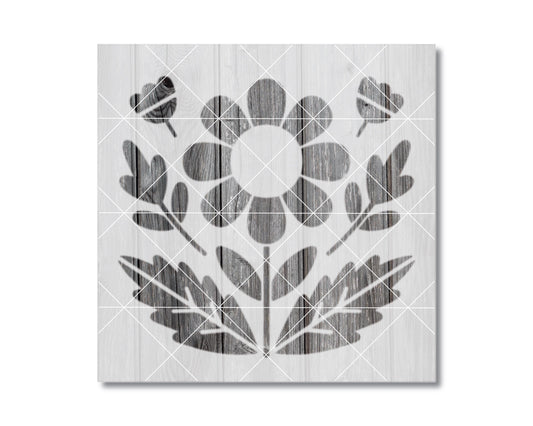 The image is a black and white graphic design featuring a stylized flower and leaves.