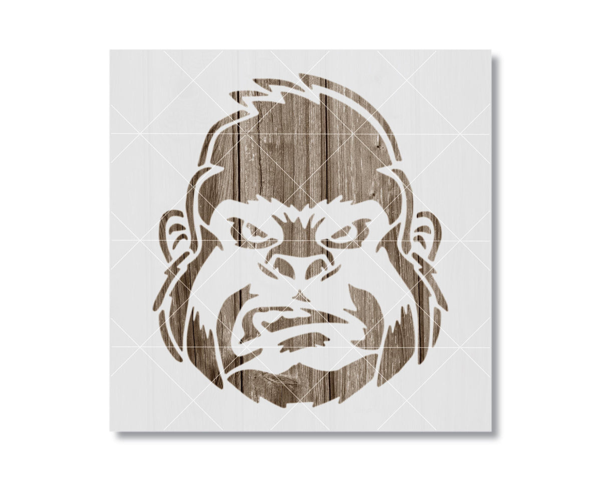 A stylized image of a gorilla's head, with a wooden texture and a fierce expression.