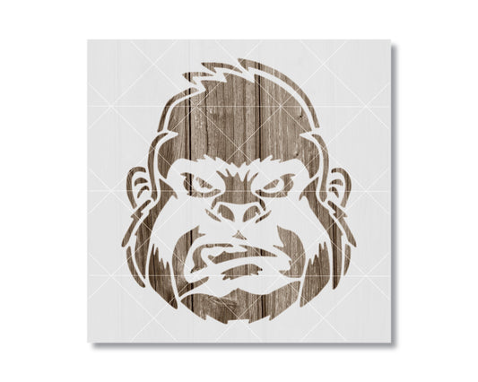 A stylized image of a gorilla's head, with a wooden texture and a fierce expression.