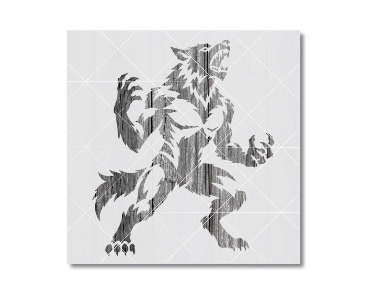 A stylized black and white illustration of a werewolf, with its mouth open and claws extended, is depicted in the image.
