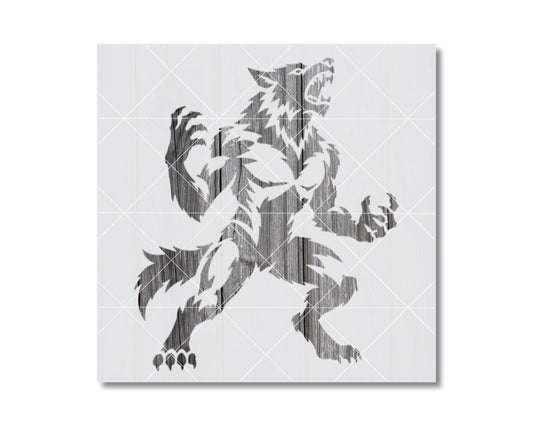 A stylized black and white illustration of a werewolf, with its mouth open and claws extended, is depicted in the image.
